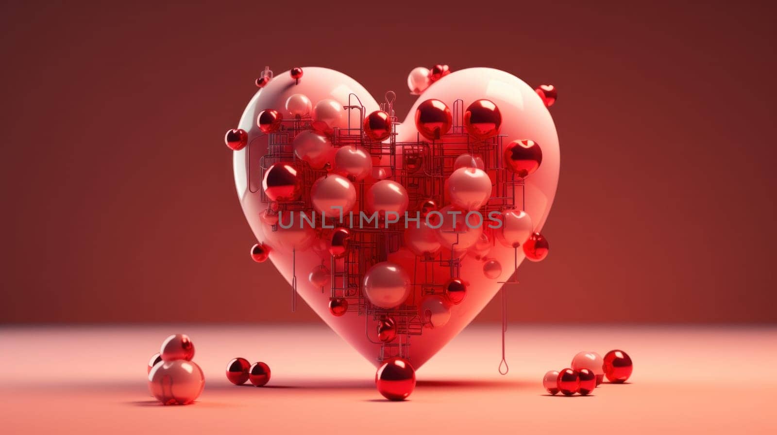 A heart shaped object with many red balls attached to it