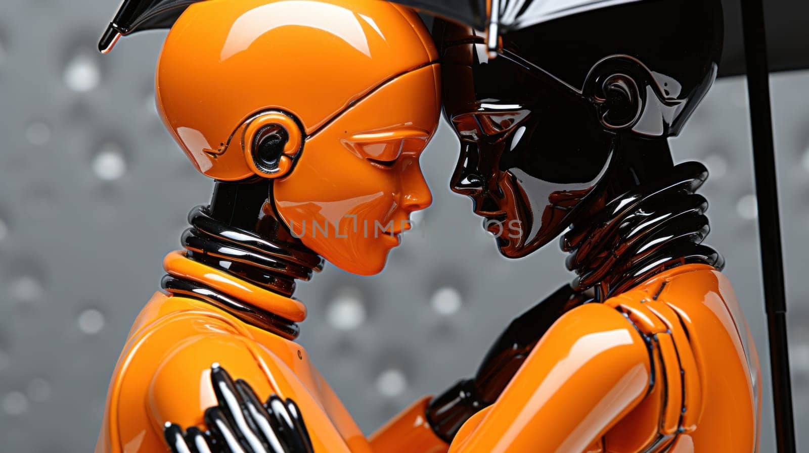 A couple of two robots are hugging each other under an umbrella, AI by starush