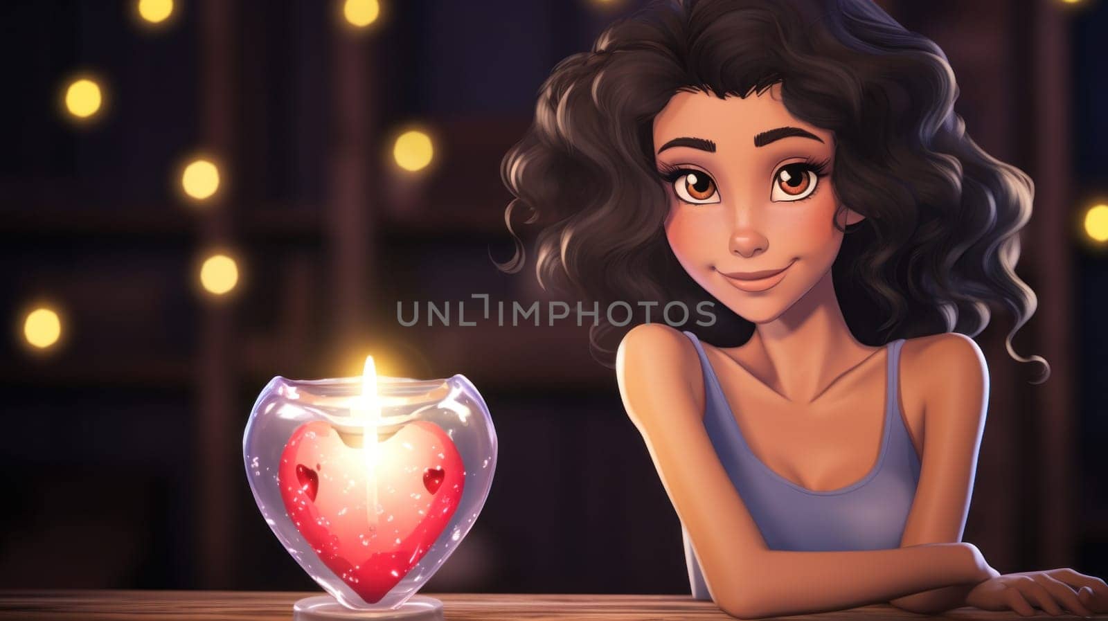 A cartoon girl with long hair sitting at a table next to a candle