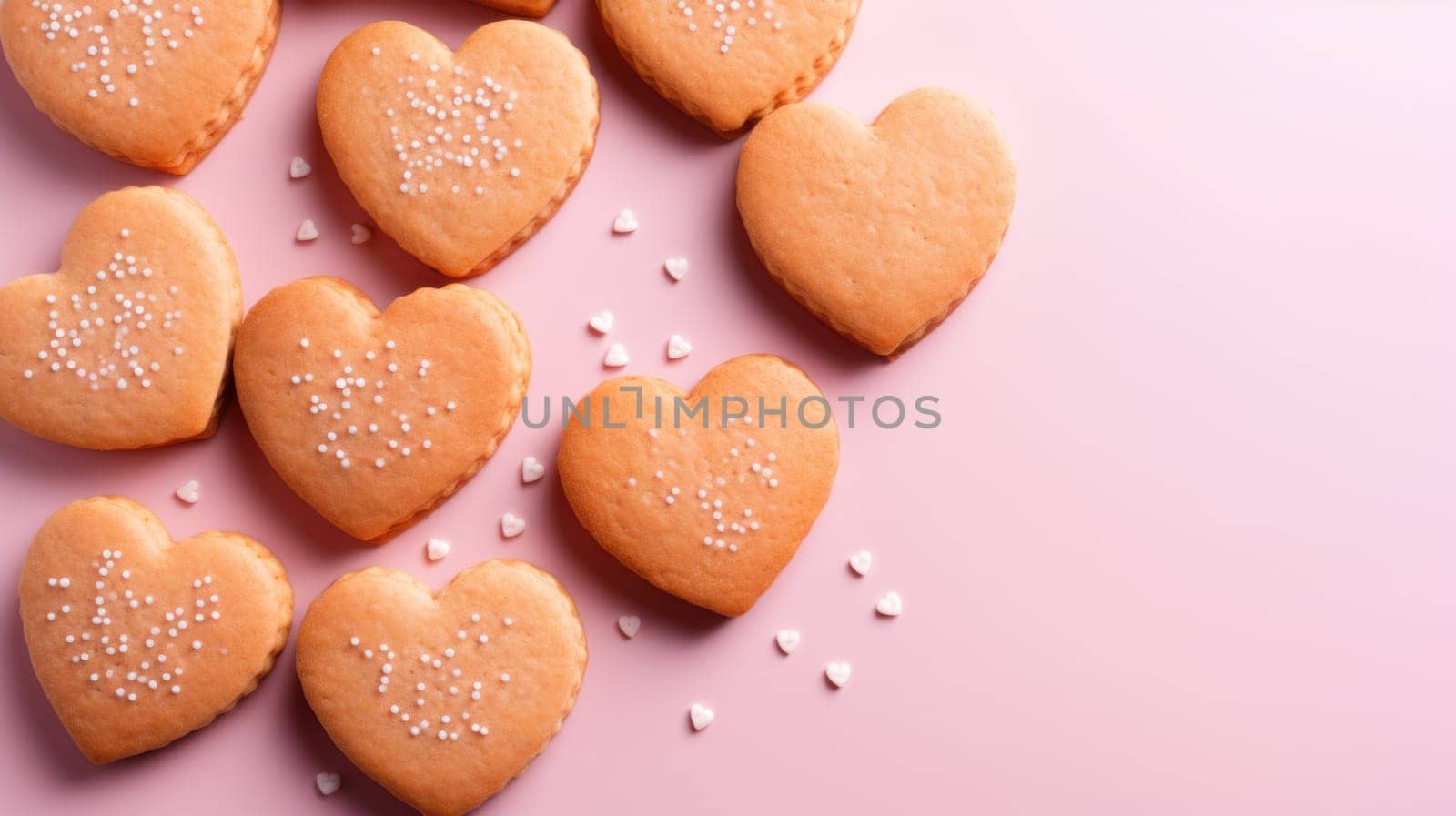 A bunch of heart shaped cookies on a pink background
