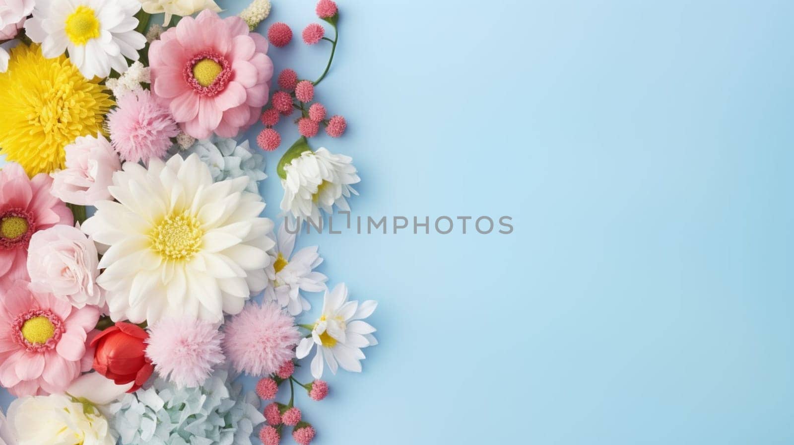 A vibrant assortment of flowers in various shapes and colors set against a soft blue background, with space for text. by kizuneko