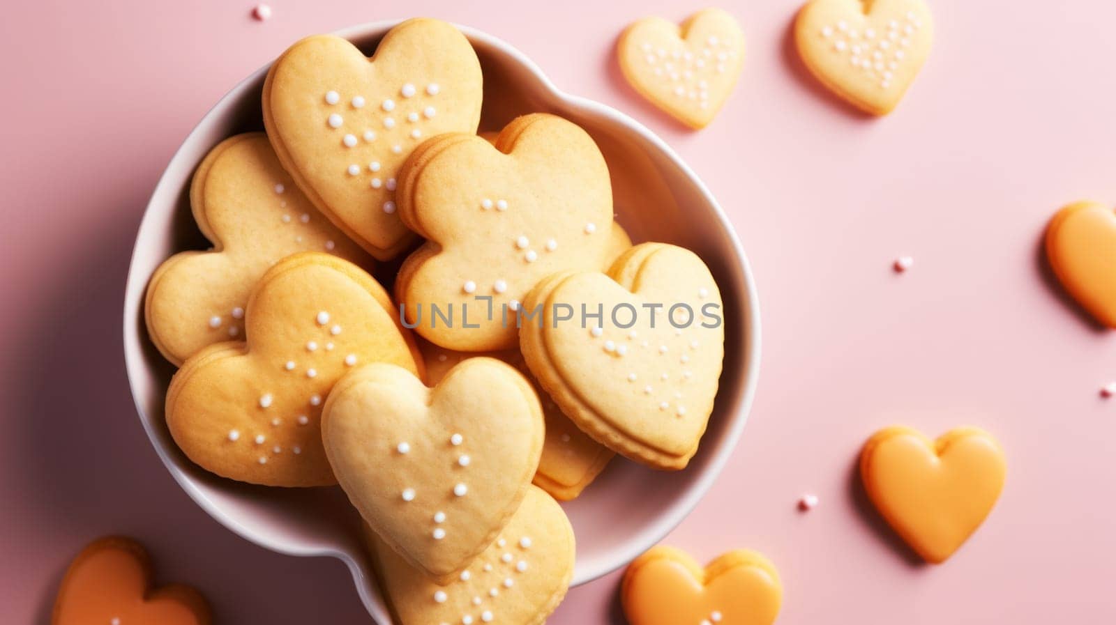 A bowl of heart shaped cookies on a pink background