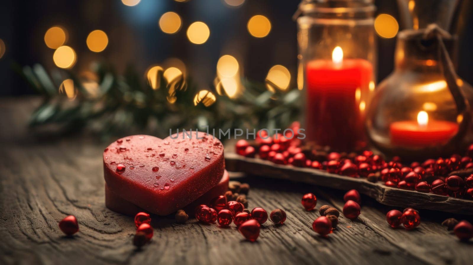 A heart shaped soap sitting on a table next to candles