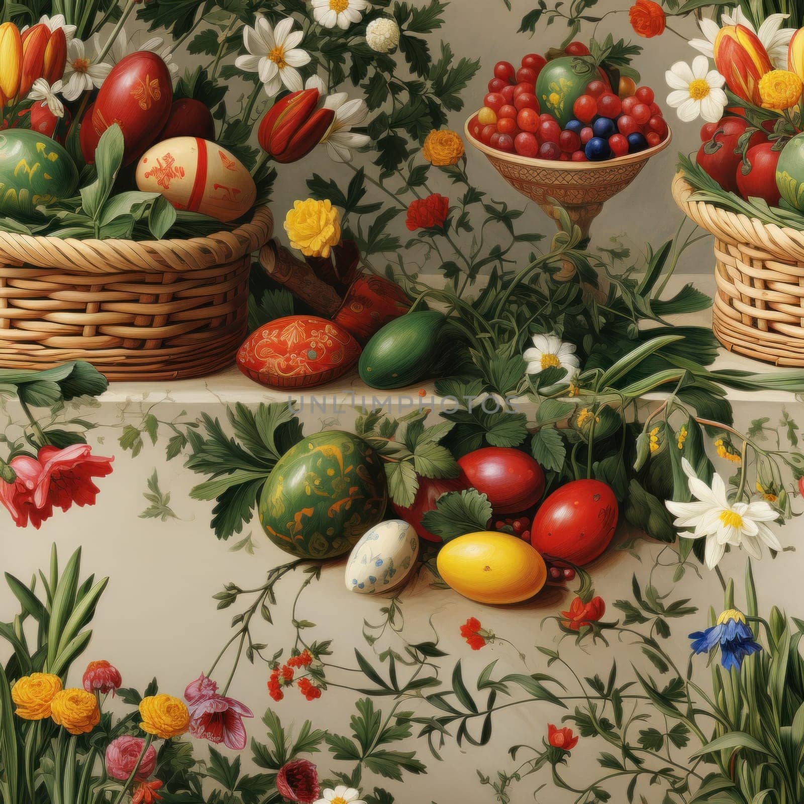 A painting of a table with baskets full of flowers and eggs