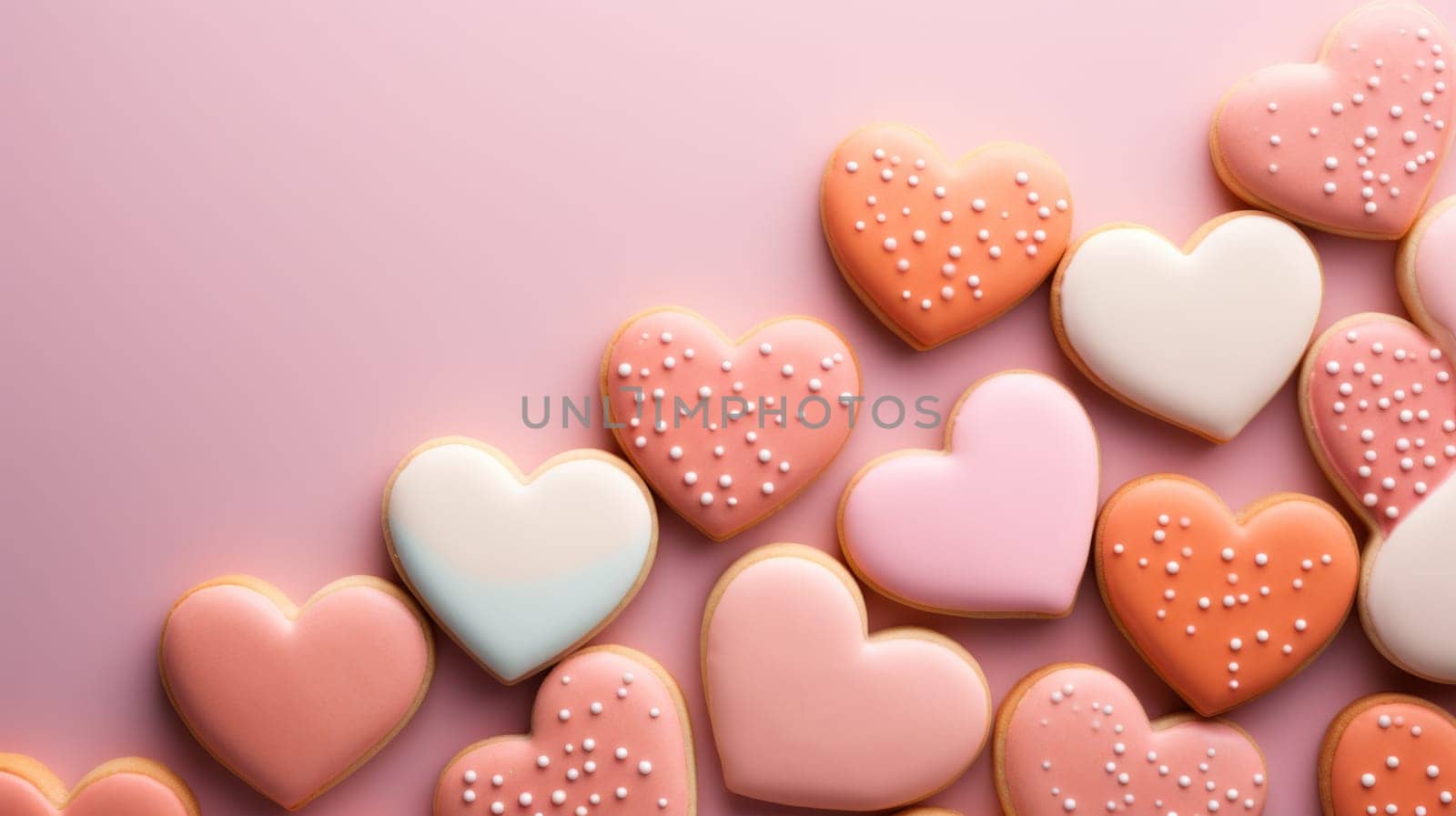 A bunch of heart shaped cookies on a pink background