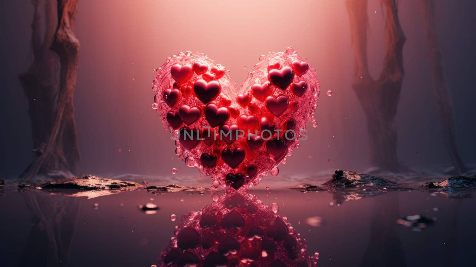 A heart shaped object with many red hearts floating in water