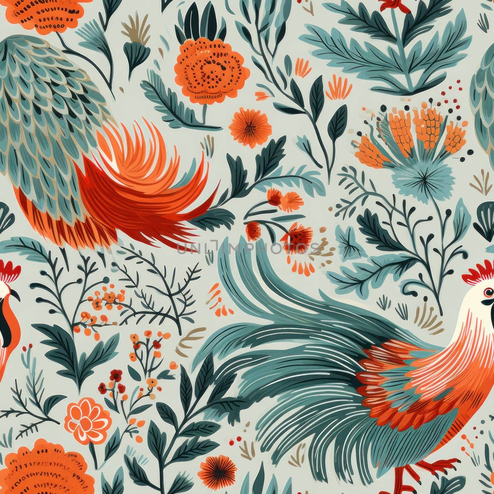 A pattern with roosters and flowers on a gray background, AI by starush