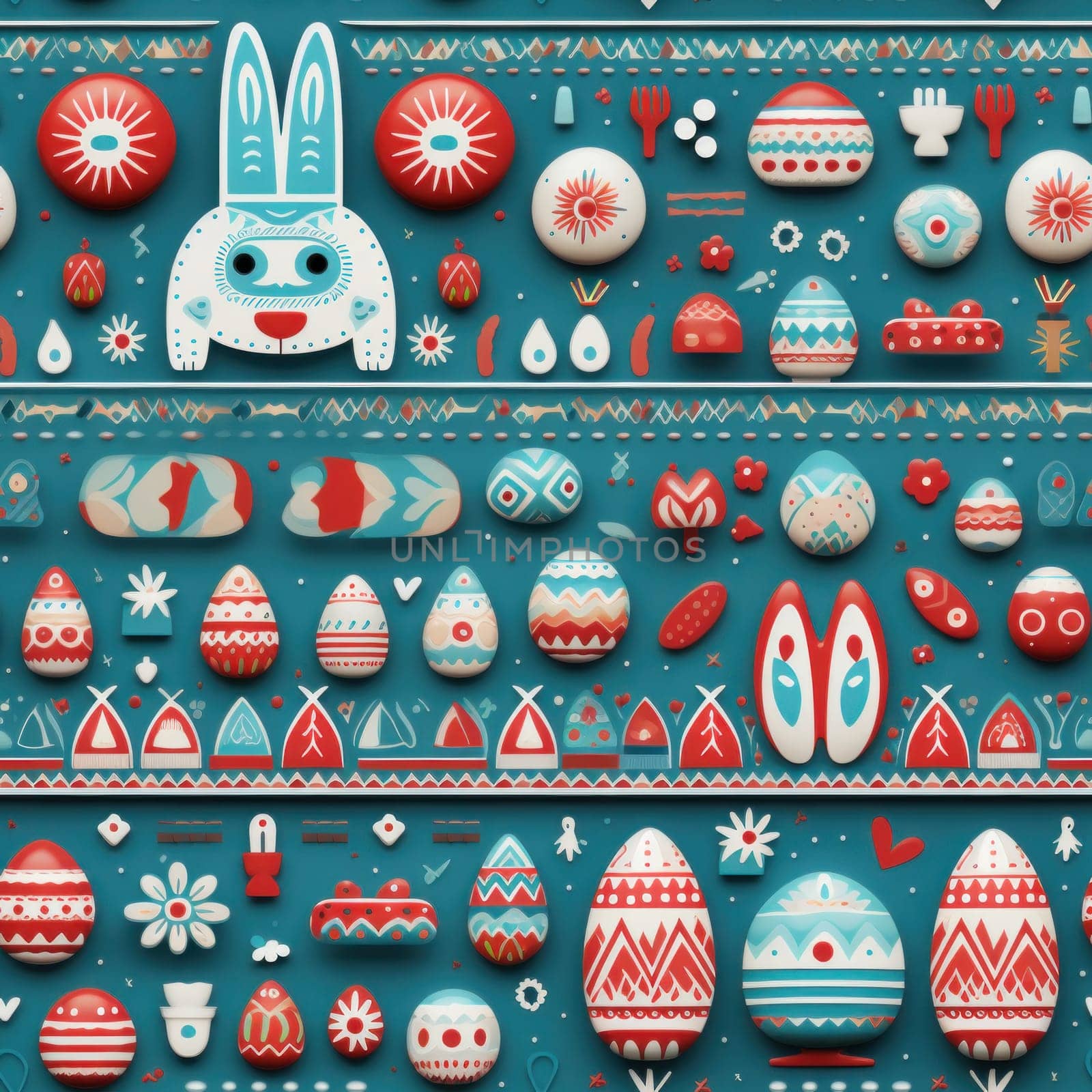 A pattern of easter eggs and rabbits on a blue background