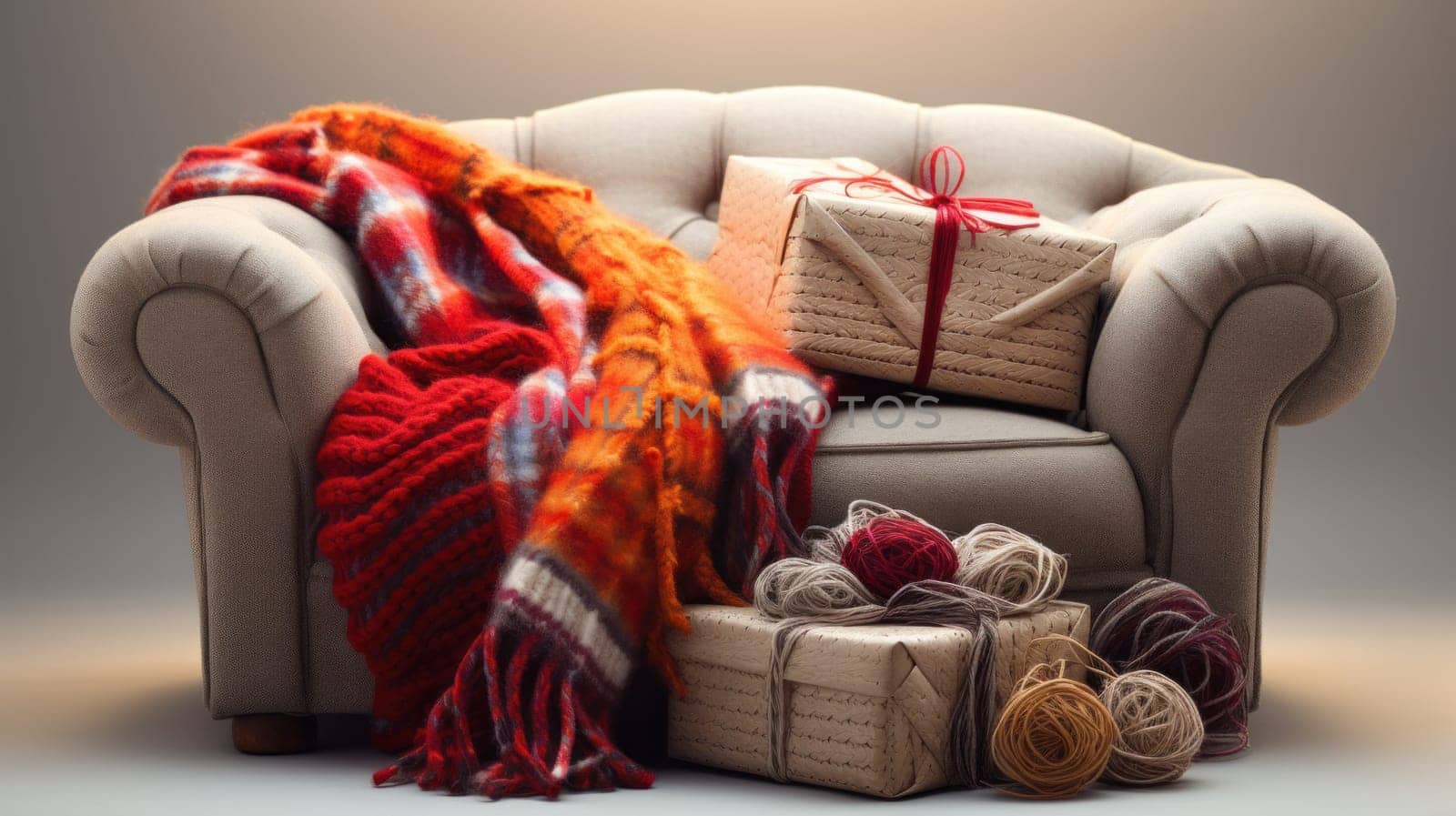 A chair with a blanket and presents on it next to yarn