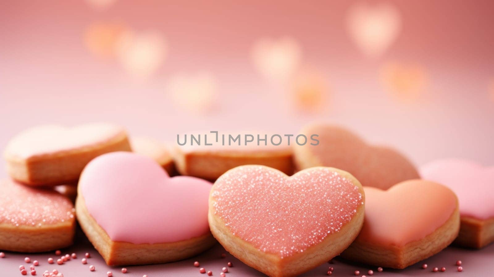 A bunch of heart shaped cookies are sitting on a table