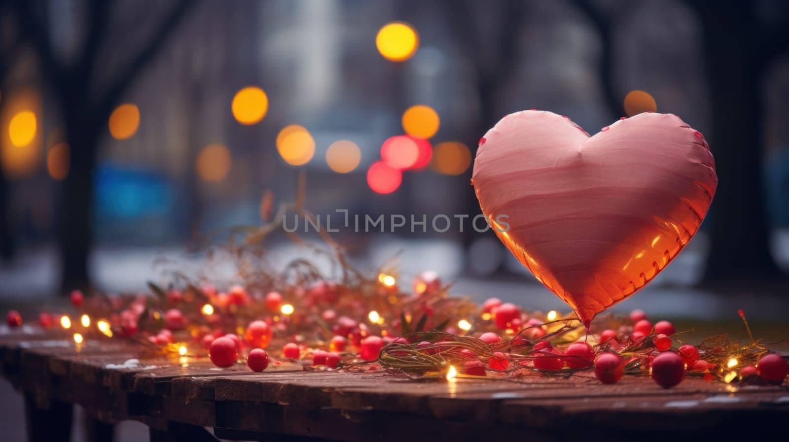 A heart shaped balloon on a wooden table with lights around it