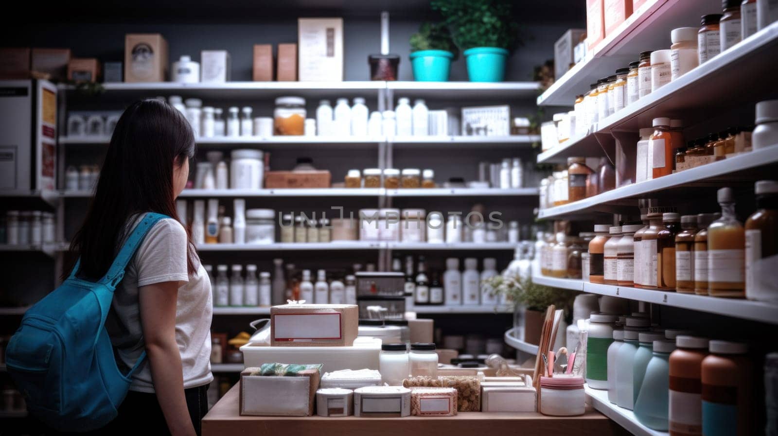 A woman with a backpack standing in front of shelves filled with products, AI by starush