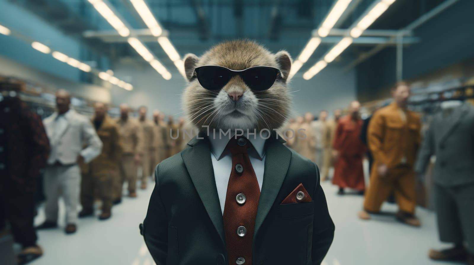 A large rodent wearing a suit and tie with sunglasses