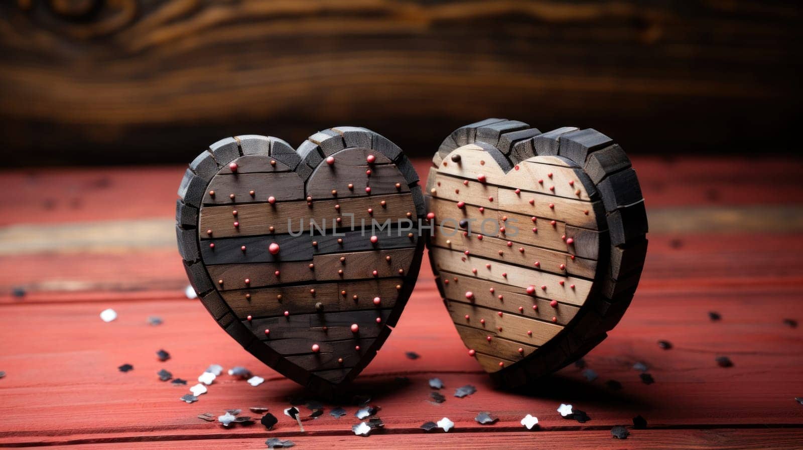 Two wooden hearts with a red background and some confetti