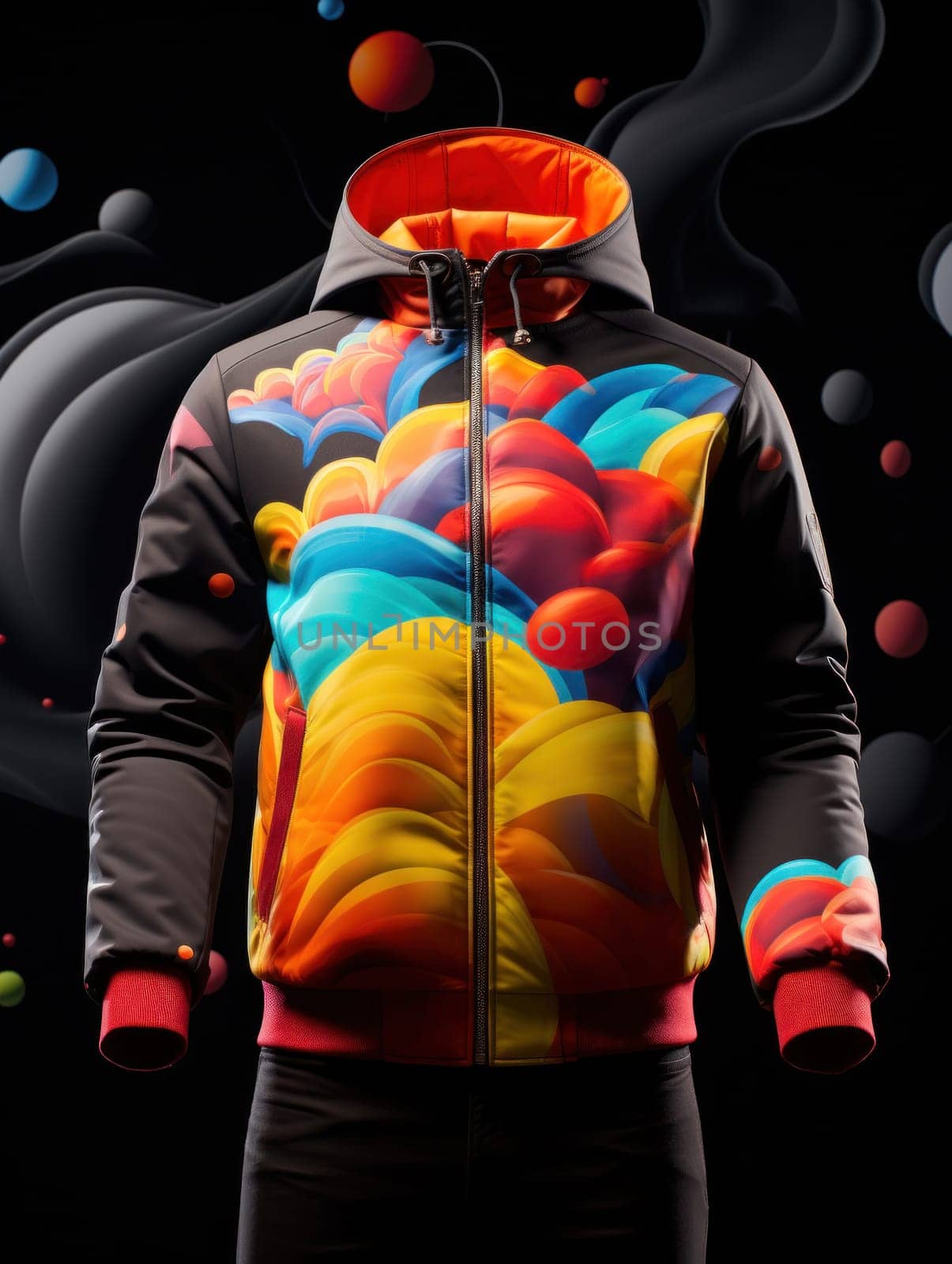 A jacket with a colorful design on it and black background