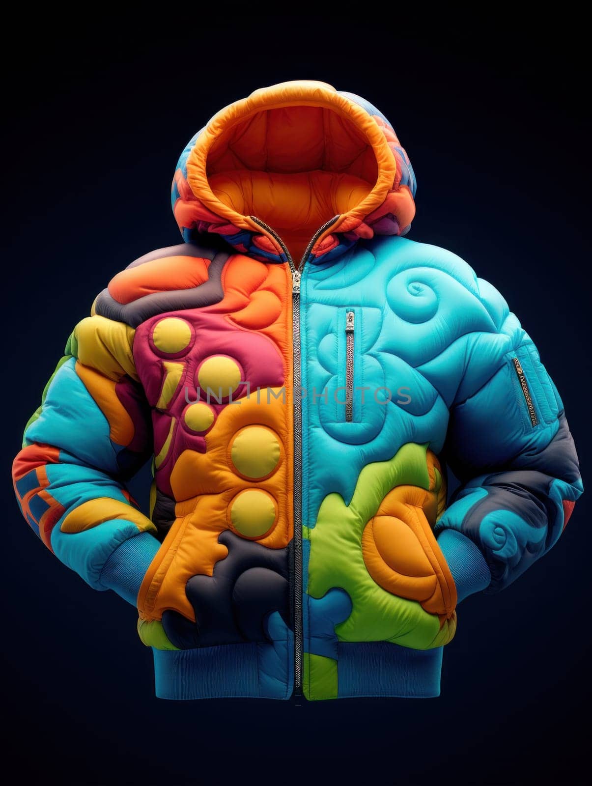 A colorful jacket with a hood and zipper on the front