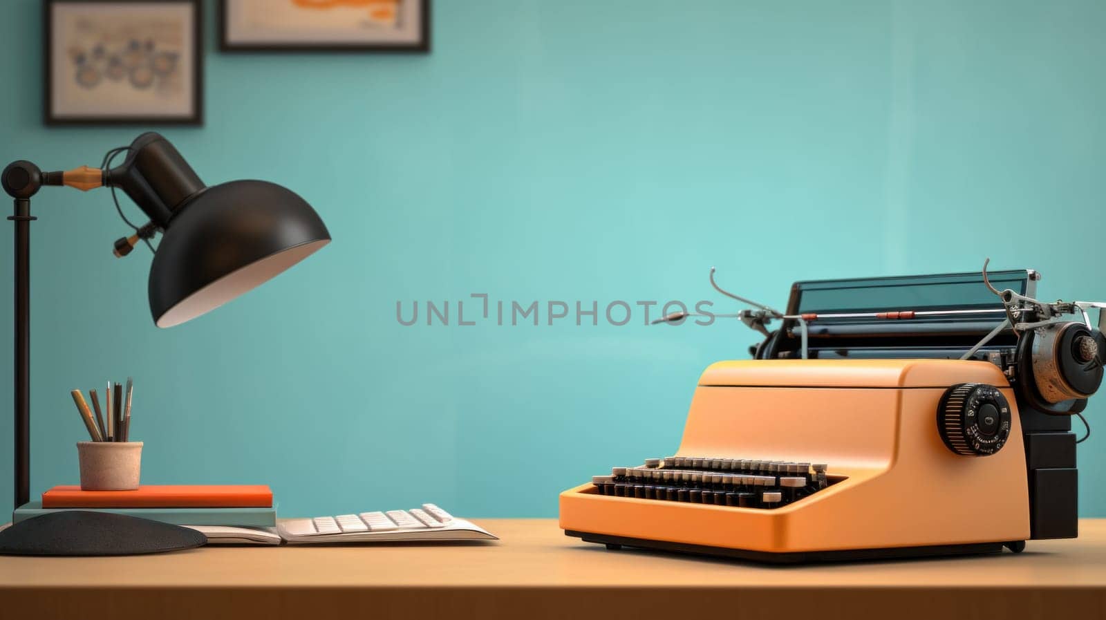 A desk with a lamp, keyboard and typewriter on it, AI by starush
