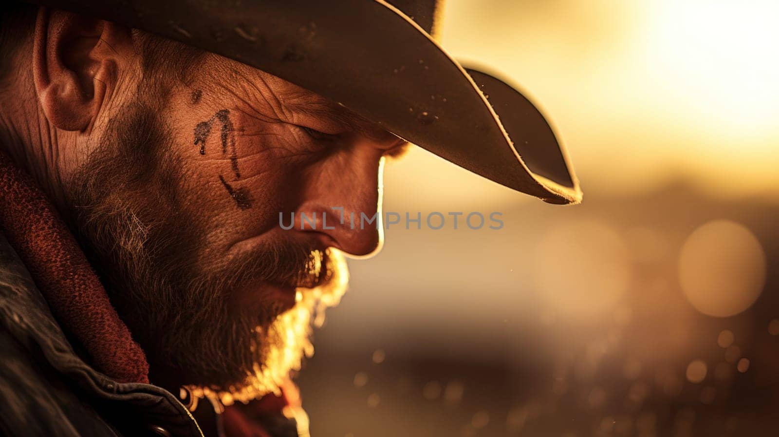 A man with a beard and hat looking down