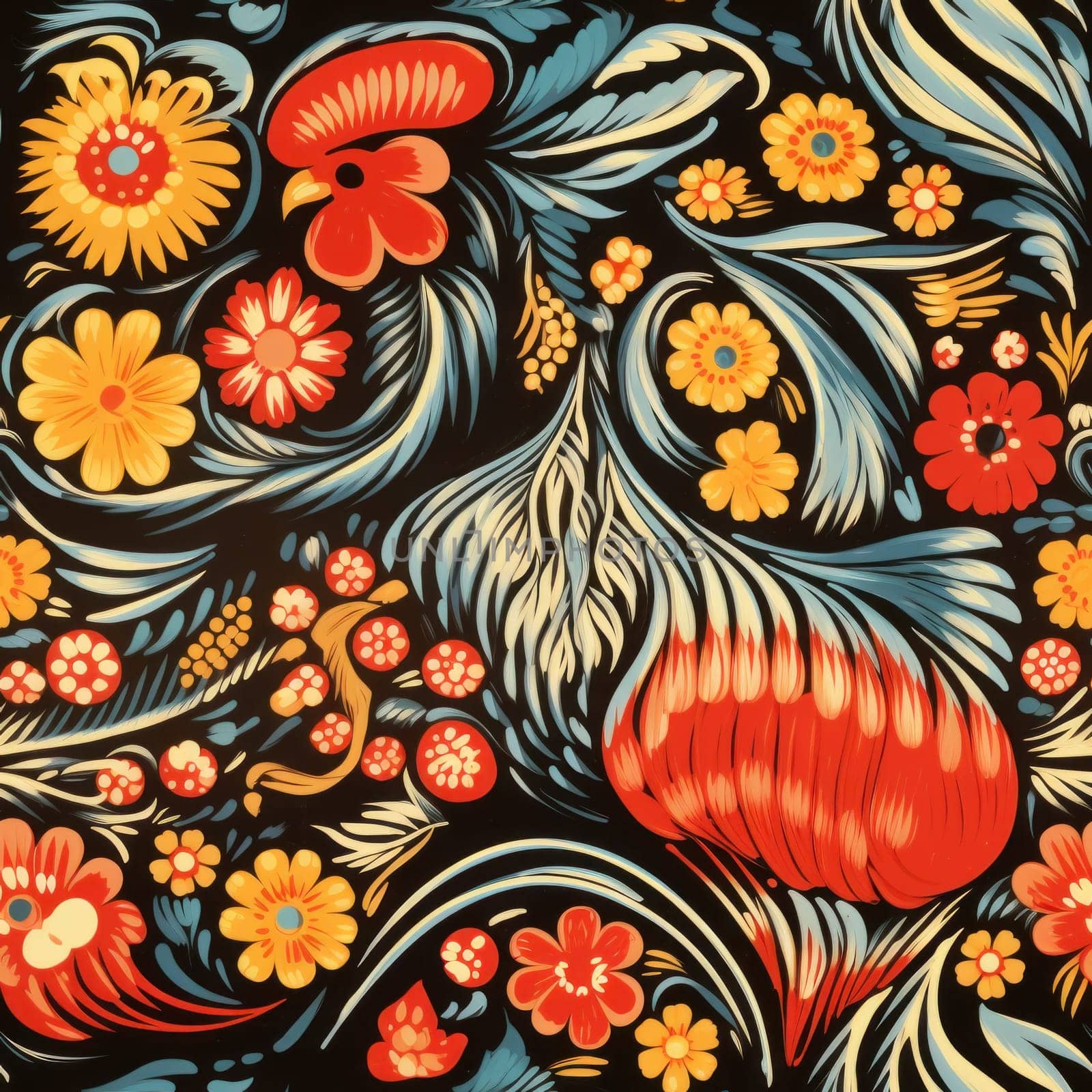 A colorful pattern with flowers and a rooster on it, AI by starush