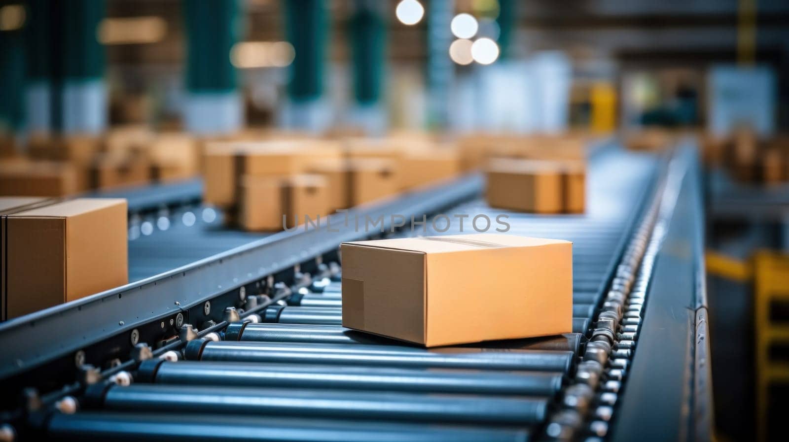 A conveyor belt with boxes on it in a factory, AI by starush