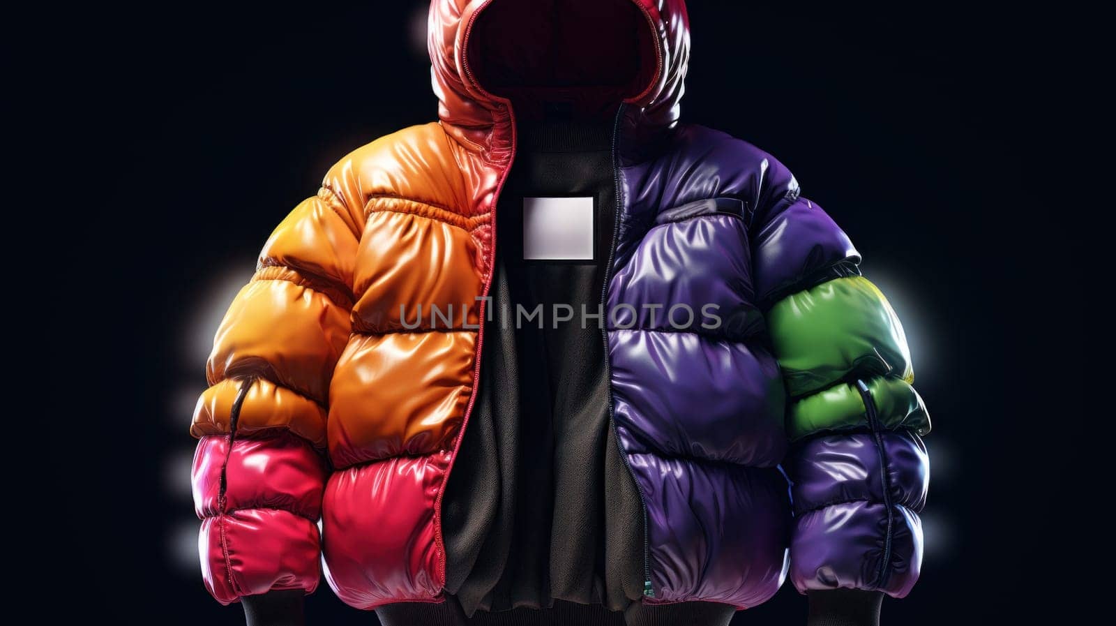 A colorful puffy jacket with hood and zipper on the back
