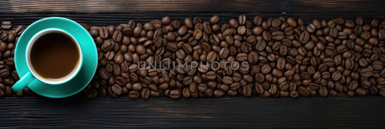 A cup of coffee is sitting on a table next to some beans, AI by starush