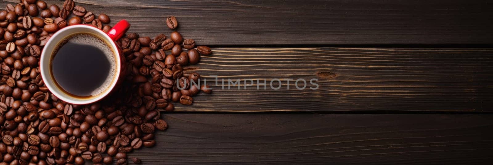 A cup of coffee is surrounded by roasted beans on a wooden table, AI by starush