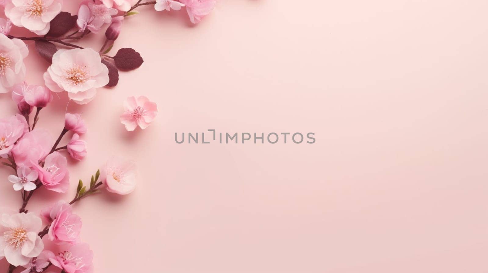 Elegant cherry blossoms arrayed across the top left side create a tranquil scene on a soft pink background, offering a serene, springtime ambiance. High quality photo
