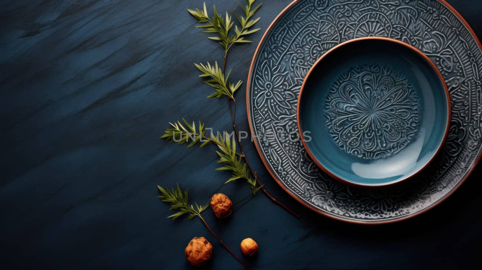 A plate with a blue rim and leaves on it next to some nuts, AI by starush