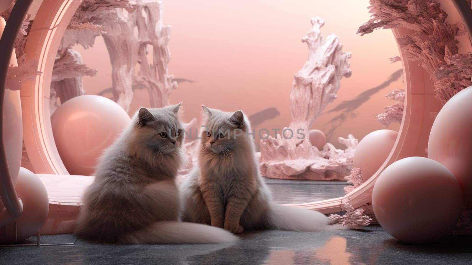Two cats are sitting on a pink background with balloons, AI by starush