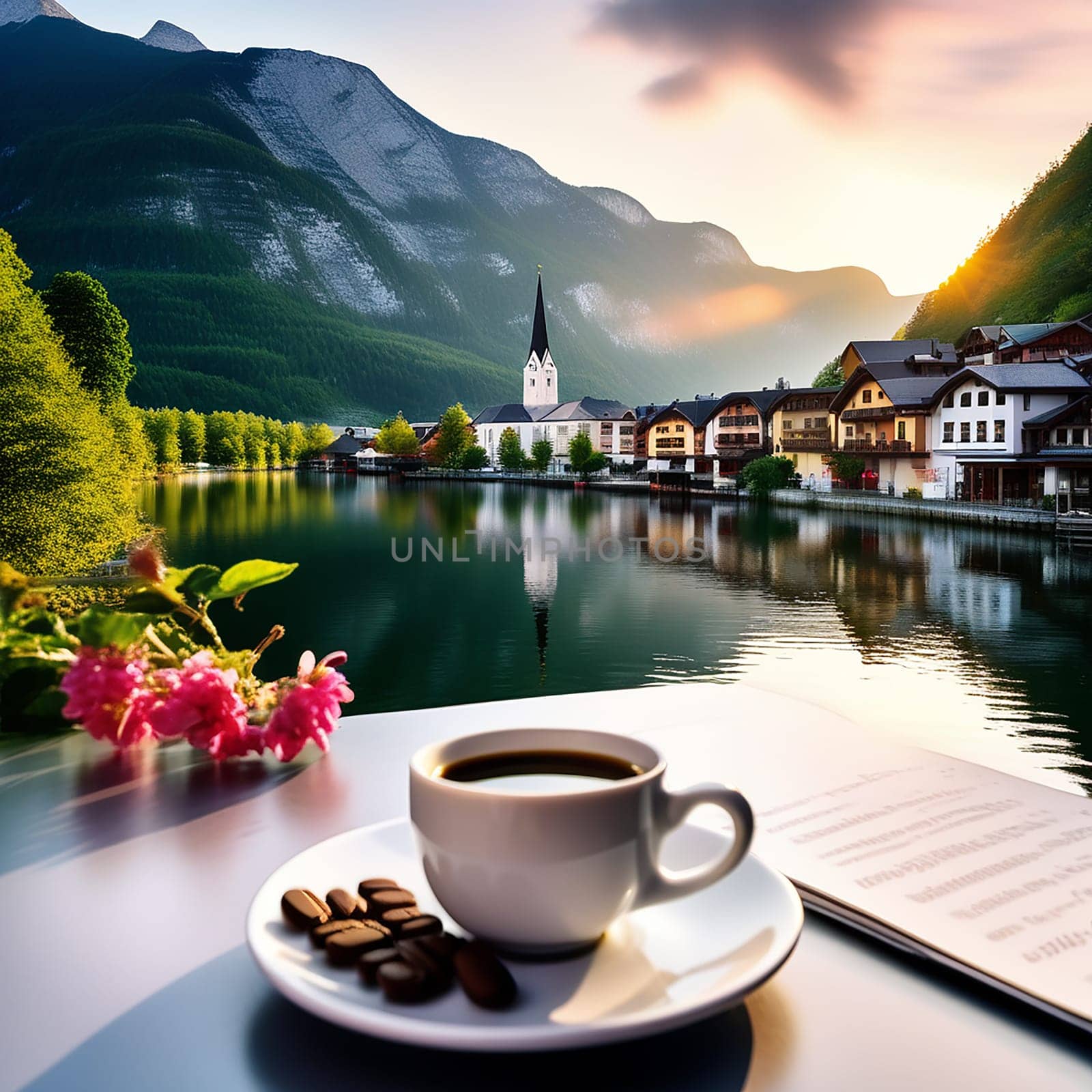 Morning Serenity: Hallstatt, Austria's Coffee Landmark Amidst a Breathtaking Background