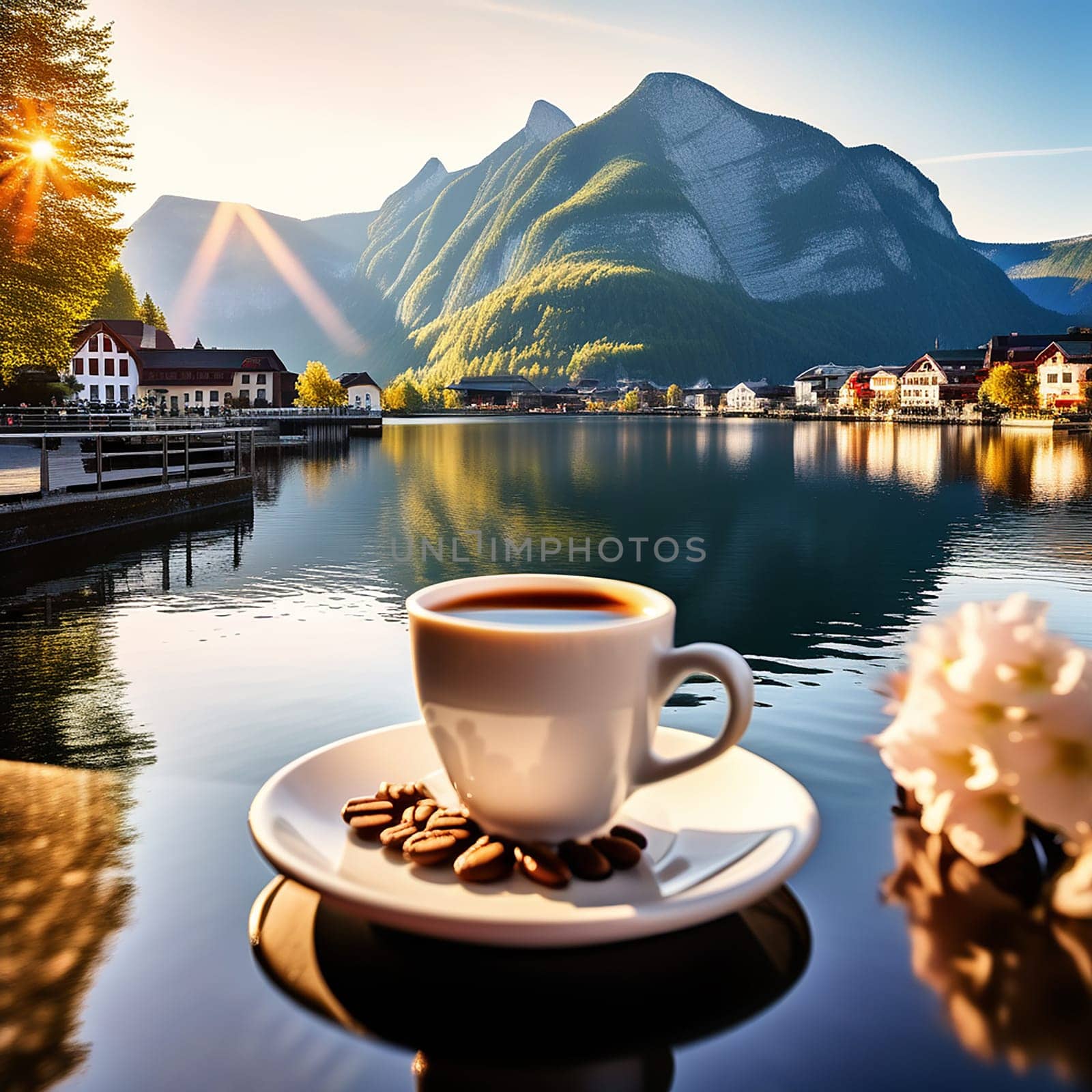 Morning Serenity: Hallstatt, Austria's Coffee Landmark Amidst a Breathtaking Background by Petrichor