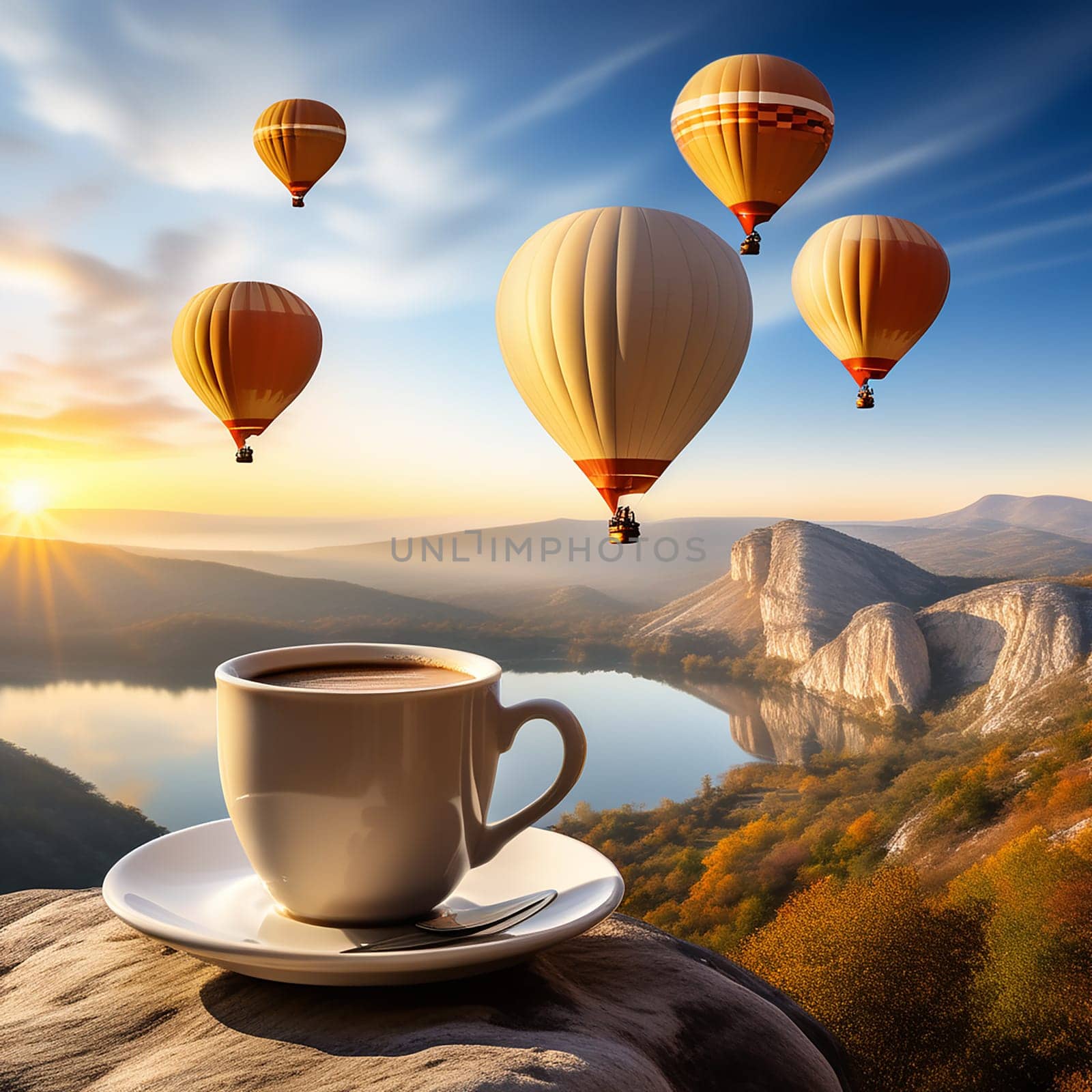 Coffee Bliss: Morning Delights with a Captivating Hot Air Balloon Landmark in Turkey by Petrichor