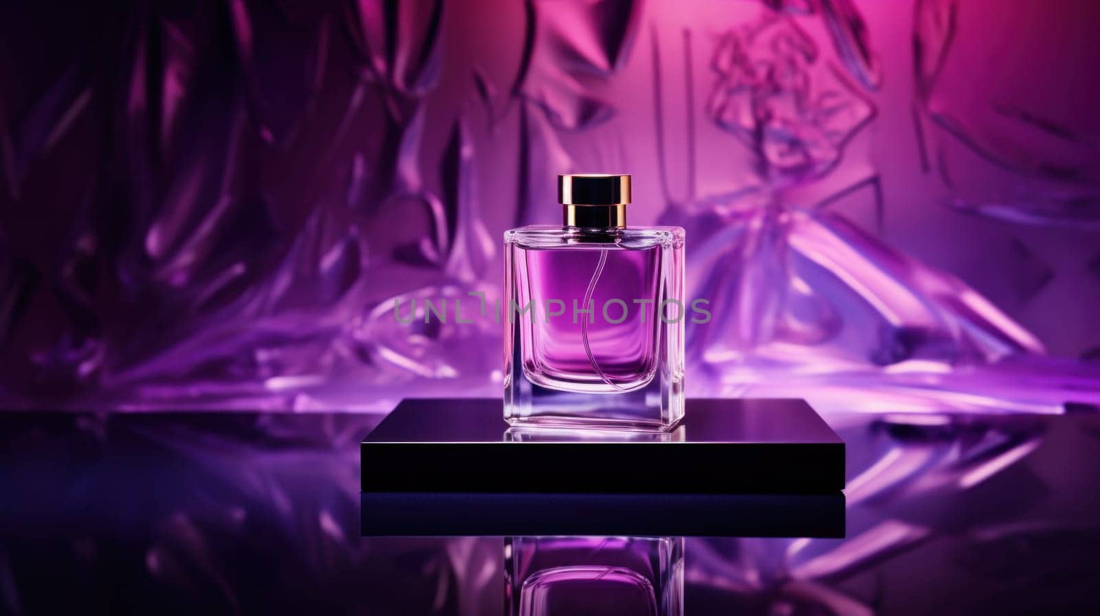 A perfume bottle on a black stand in front of purple background