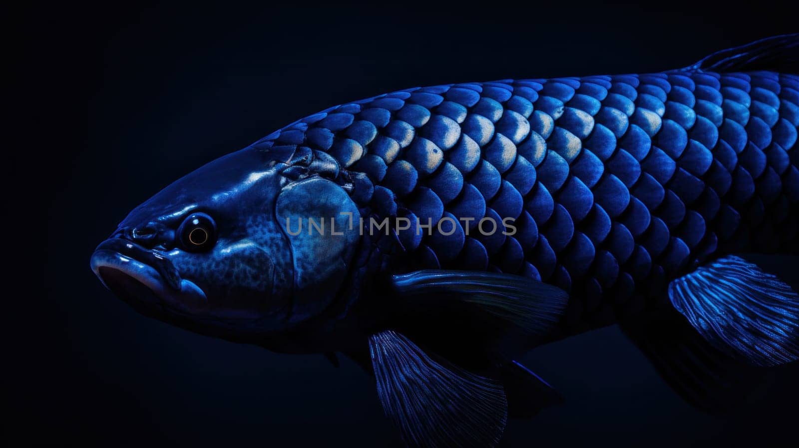 A close up of a blue fish with black background