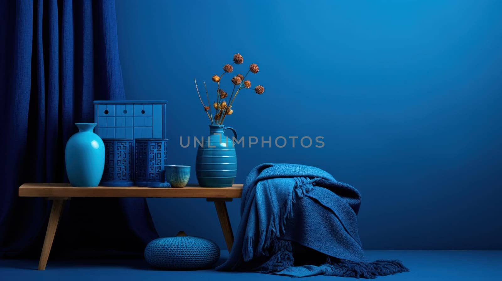 A blue wall with a table and vases on it, AI by starush