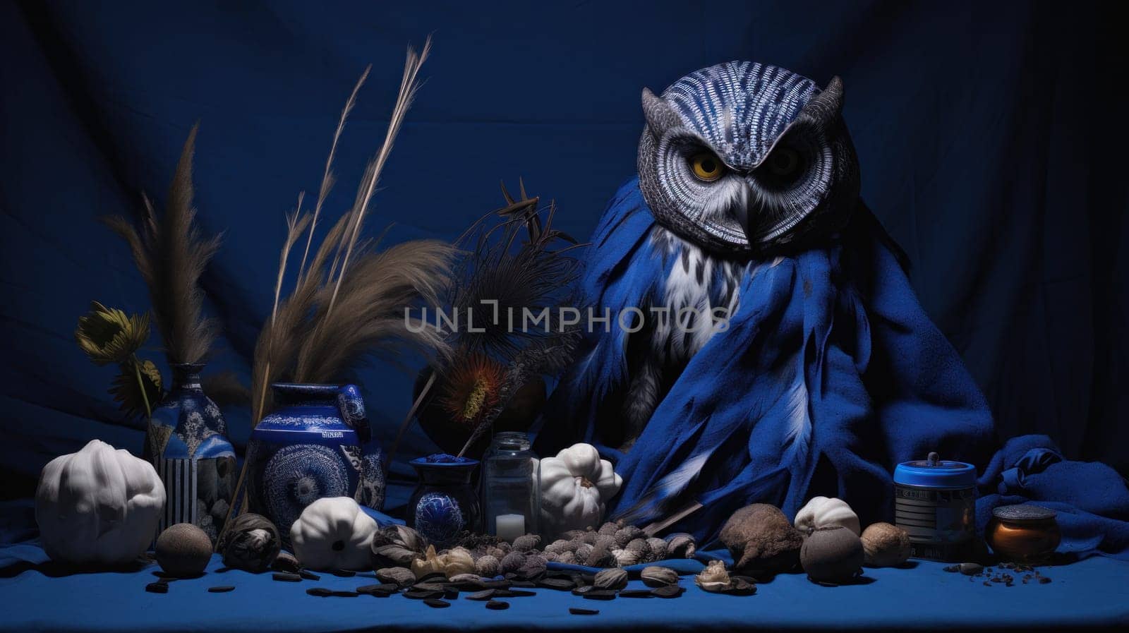 A blue cloth is draped over an owl statue and other items