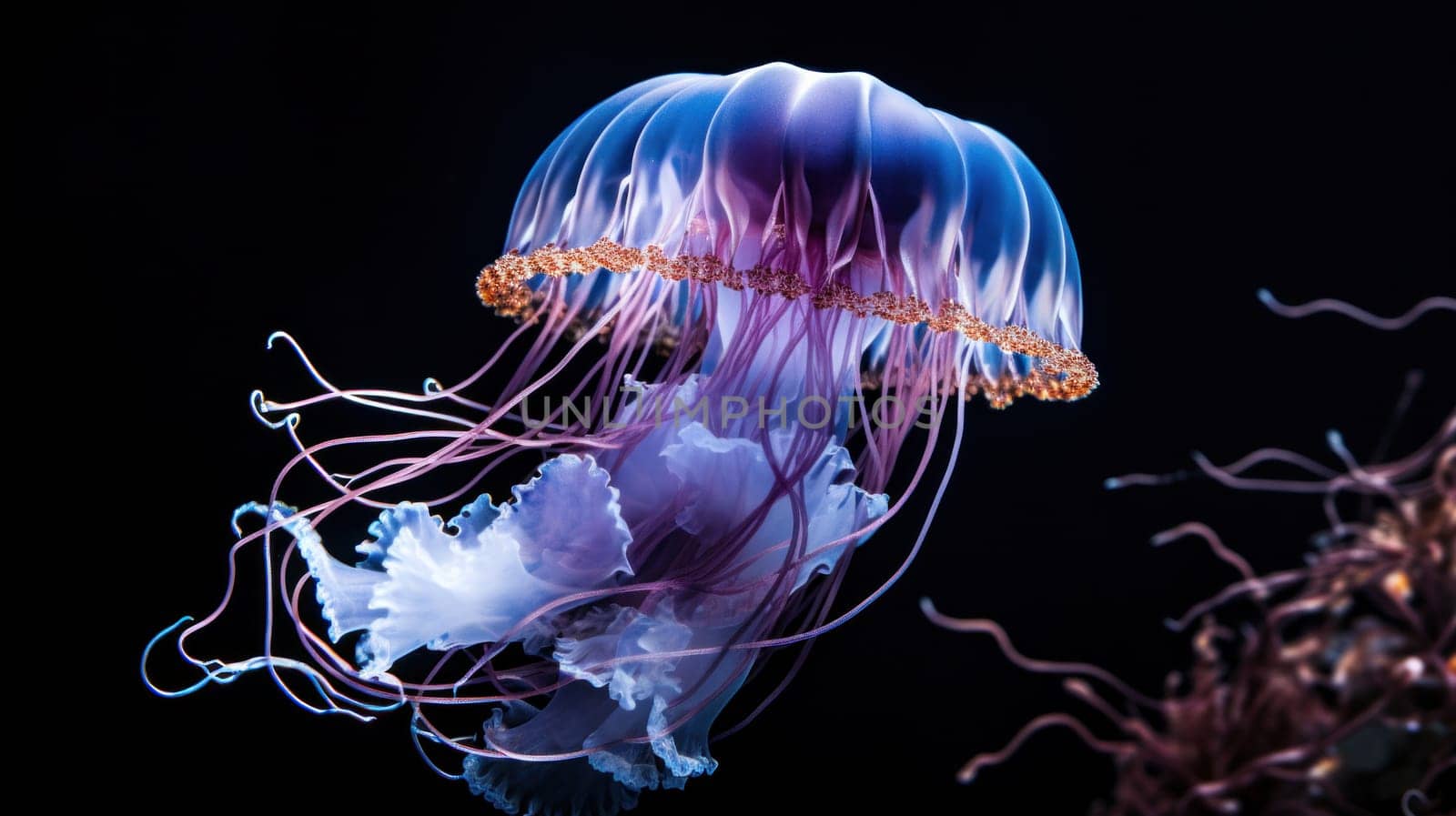A jellyfish is floating in the water with its tentacles, AI by starush