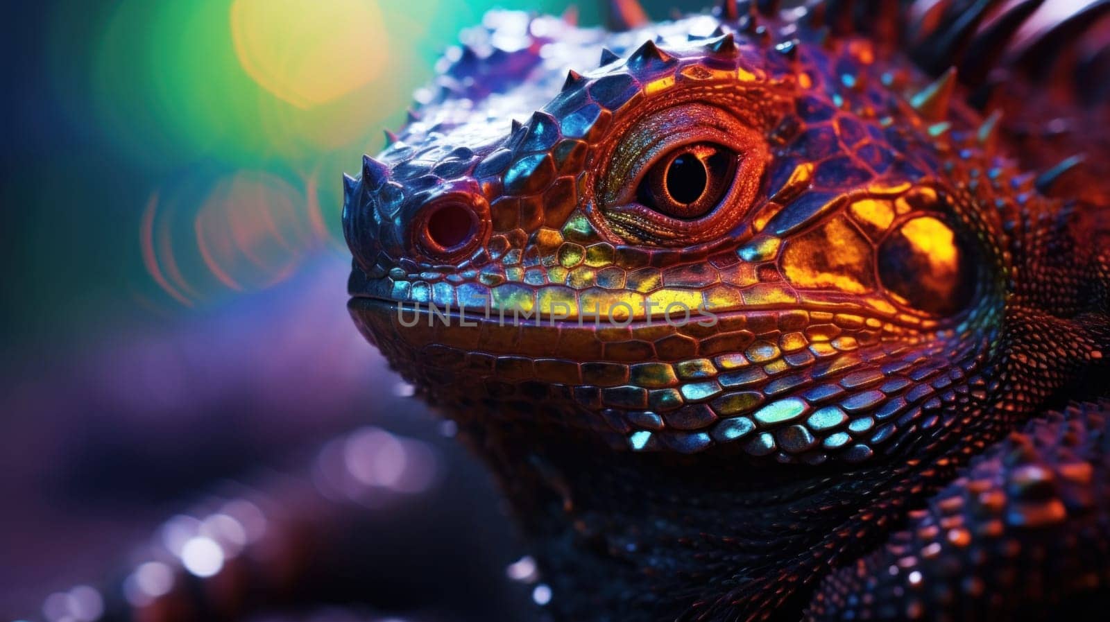 A close up of a colorful lizard with spikes on its head
