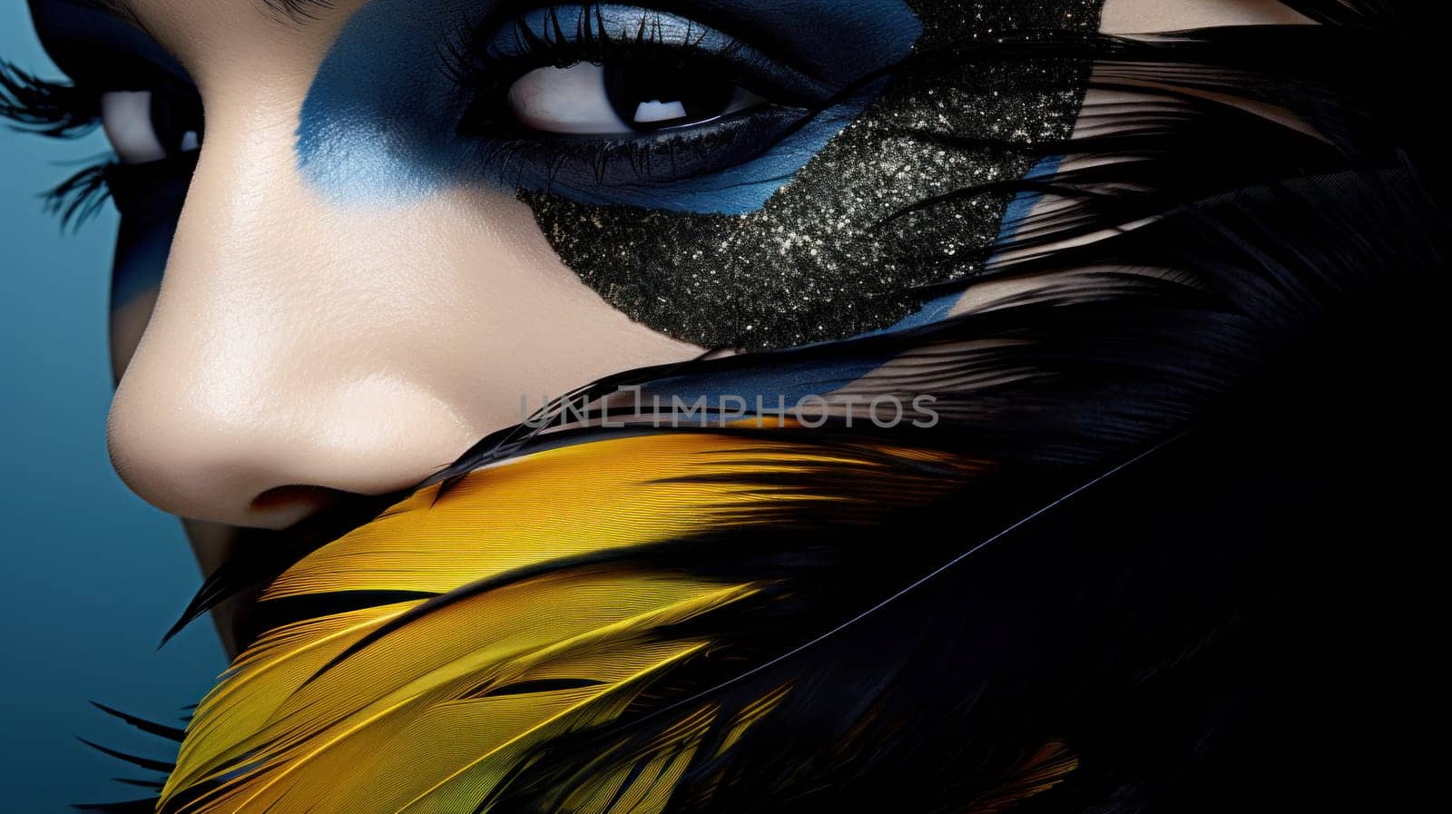 A close up of a woman with blue and yellow makeup, AI by starush