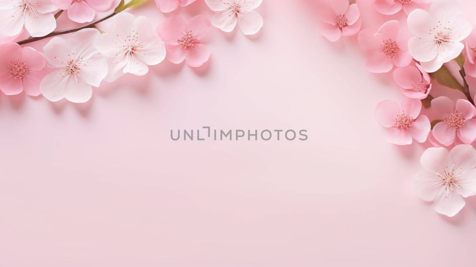 Pastel pink cherry blossoms adorn the corner of a soft pink background, providing a delicate, serene composition suitable for spring-themed designs by kizuneko