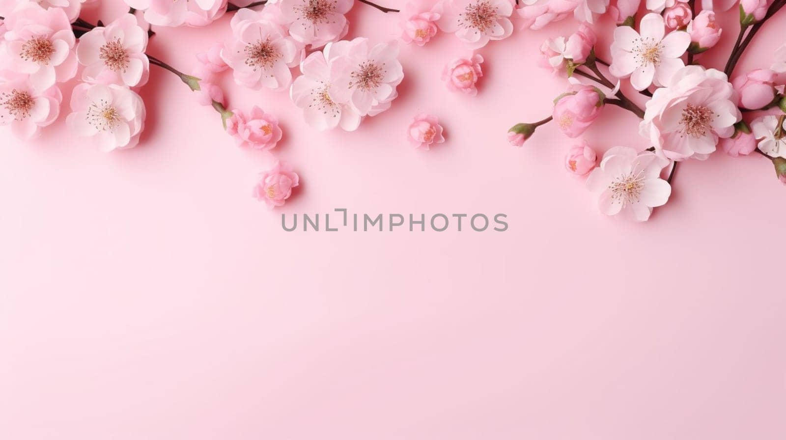 Pastel pink cherry blossoms adorn the corner of a soft pink background, providing a delicate, serene composition suitable for spring-themed designs by kizuneko