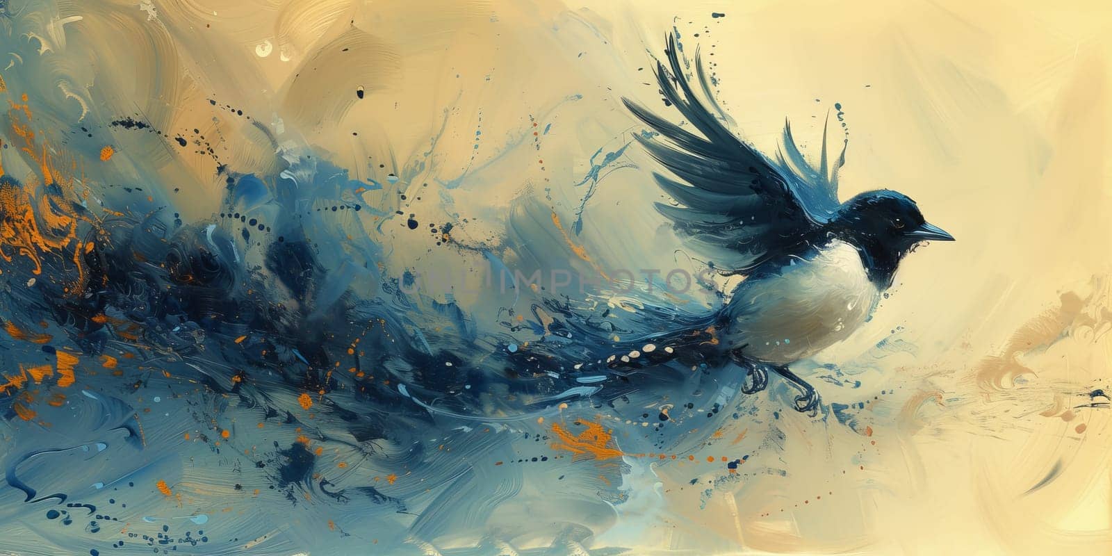 Little beautiful bird with hand draw and paint color background illustration.