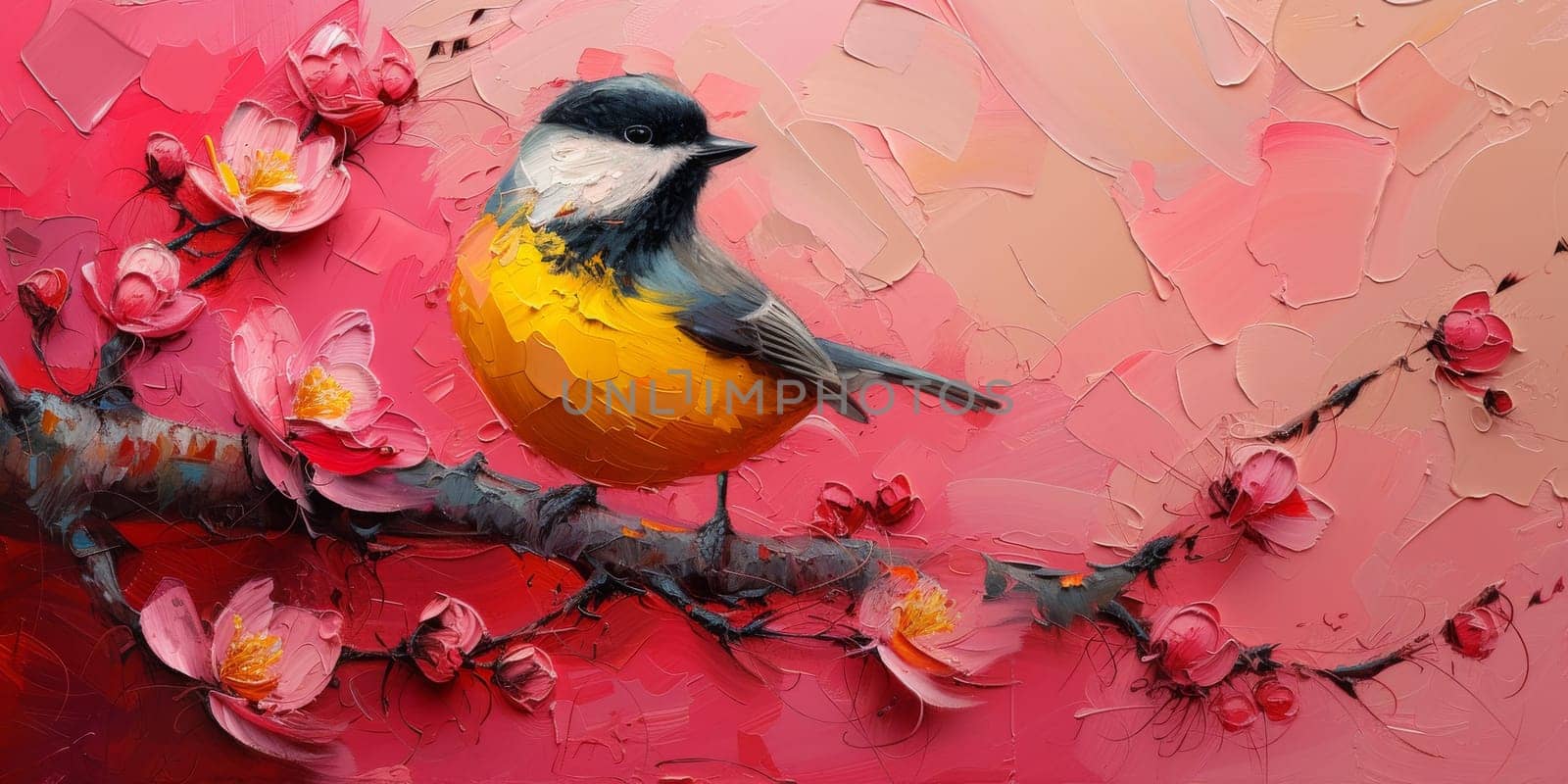 Little beautiful bird with hand draw and paint color background illustration.