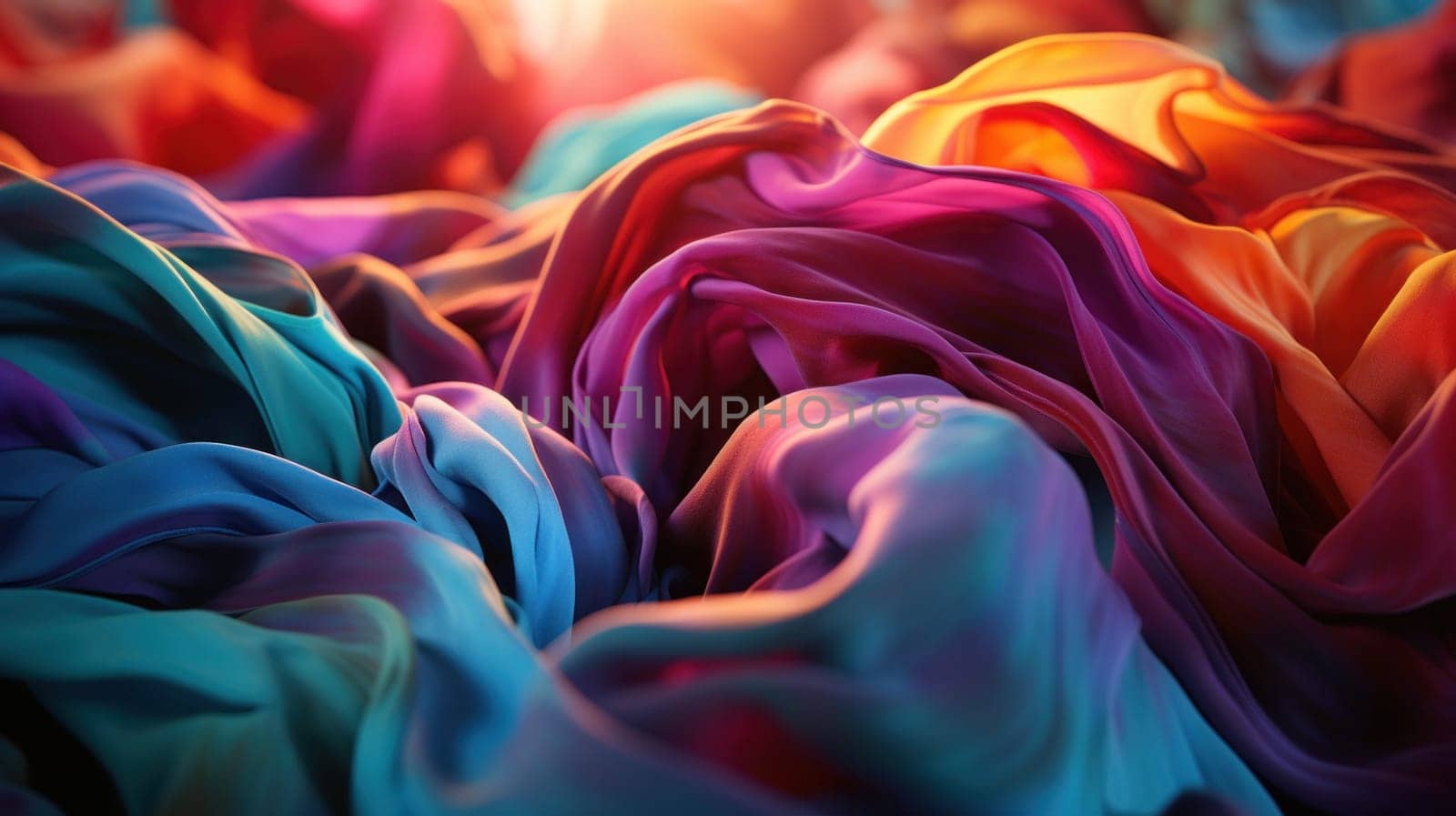 A close up of a pile of colorful fabric with some light shining through it