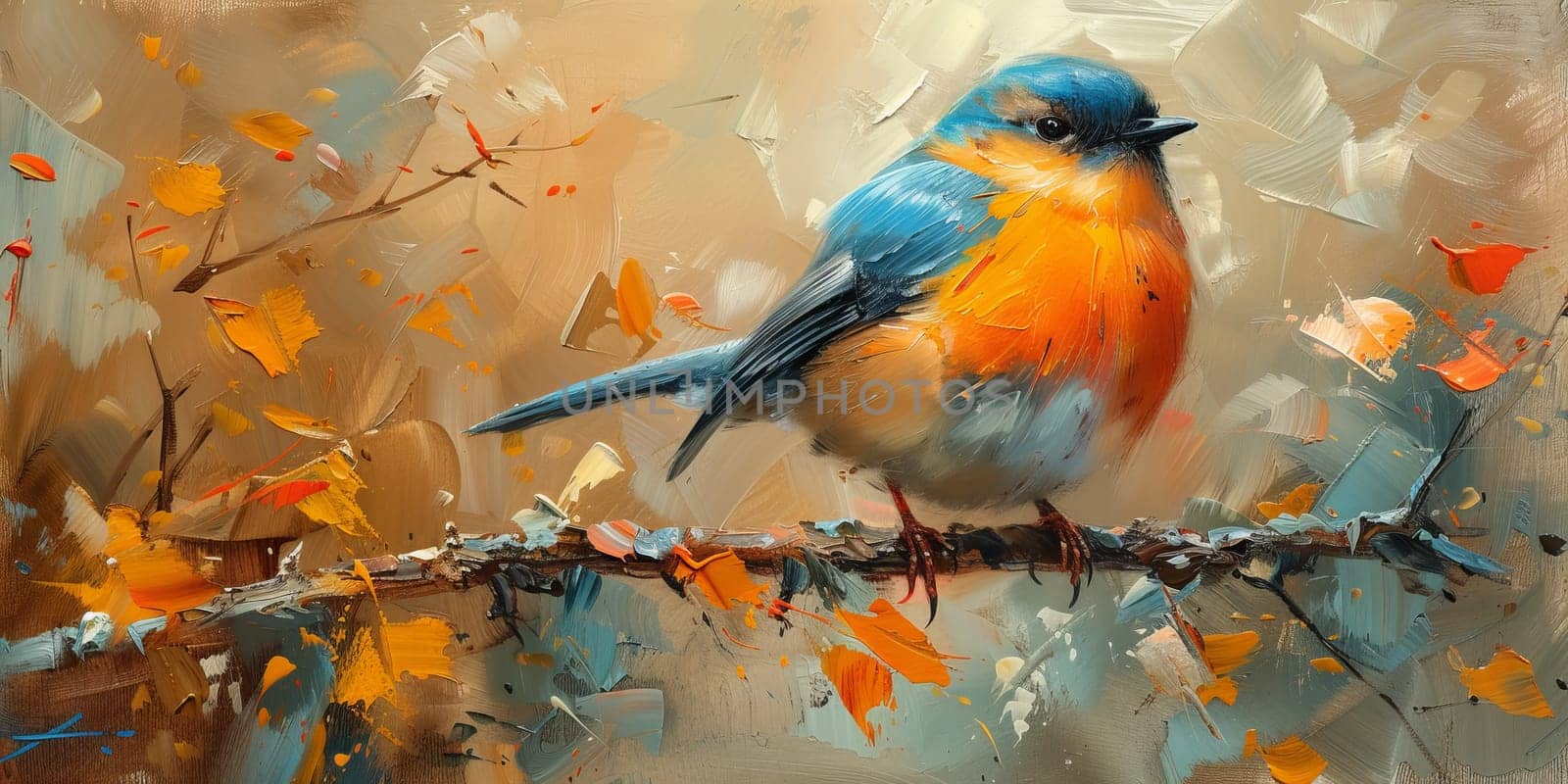 Little beautiful bird with hand draw and paint color background illustration.