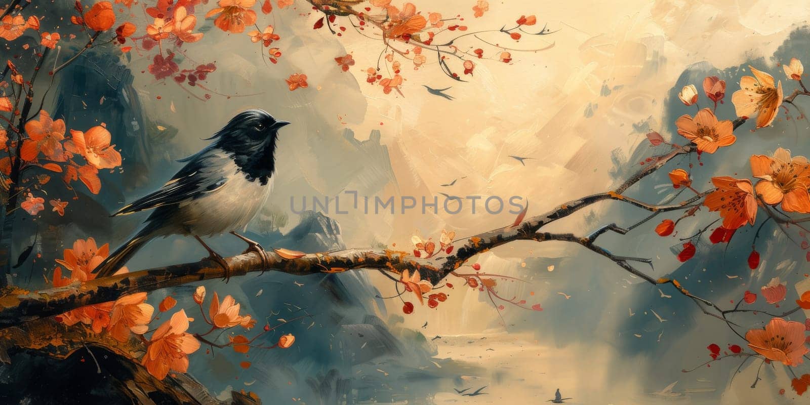 Little beautiful bird with hand draw and paint color background illustration.