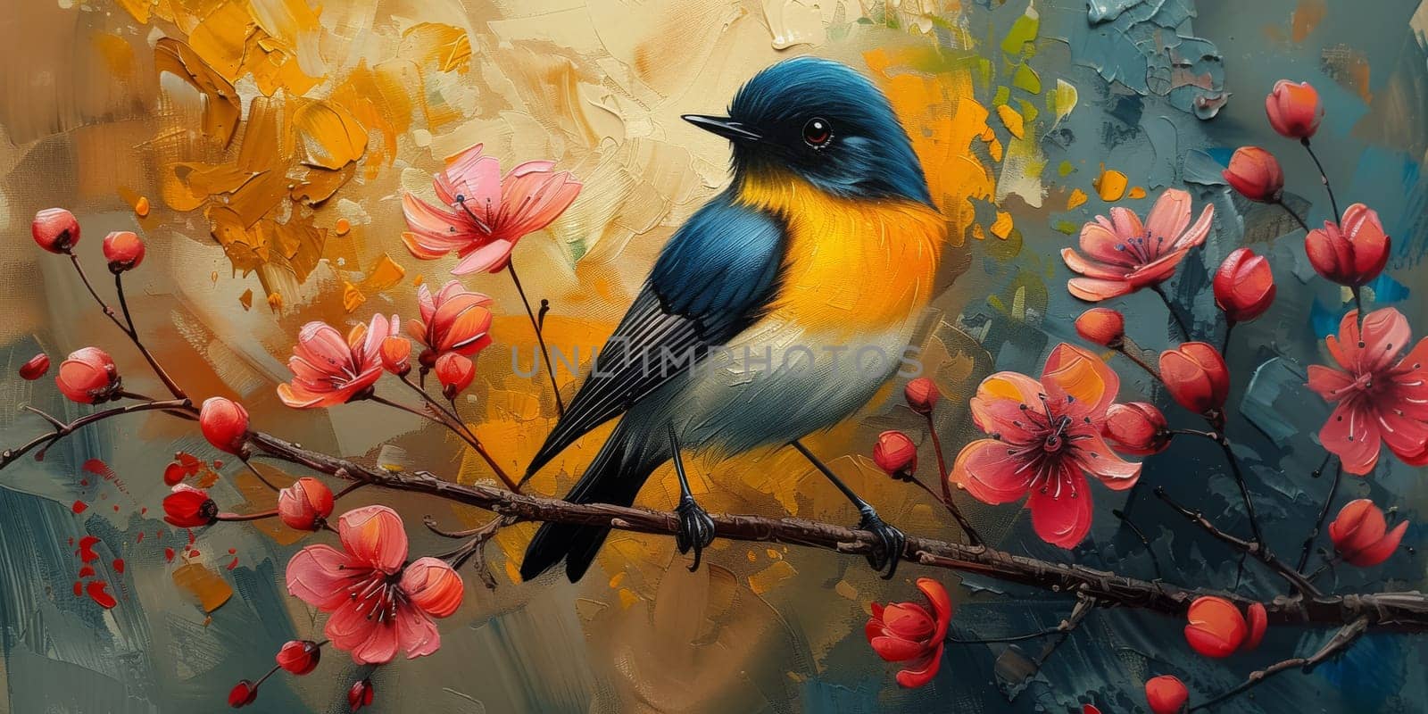 Little beautiful bird with hand draw and paint color background illustration.