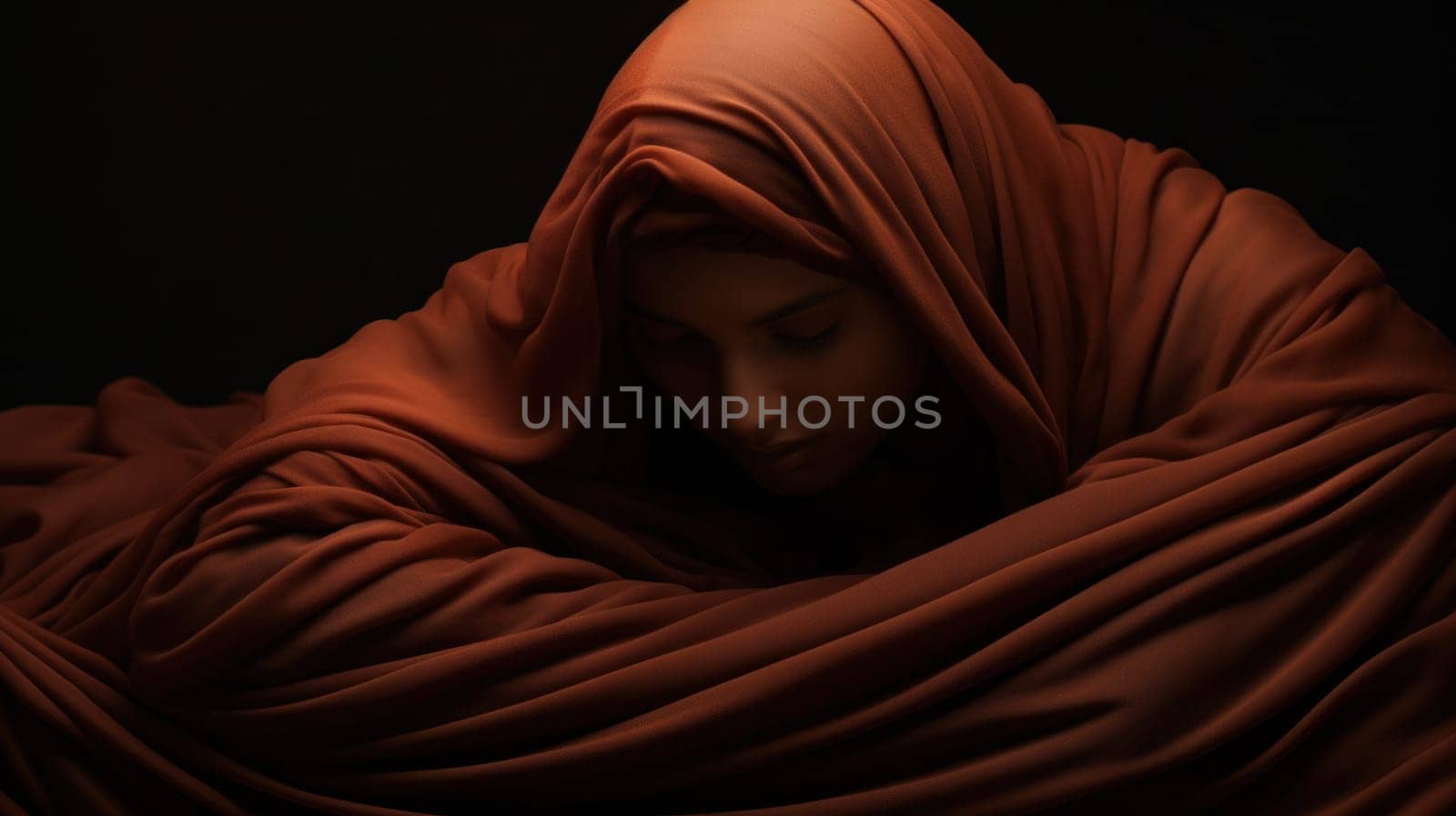 A woman wrapped in a red blanket with her eyes closed