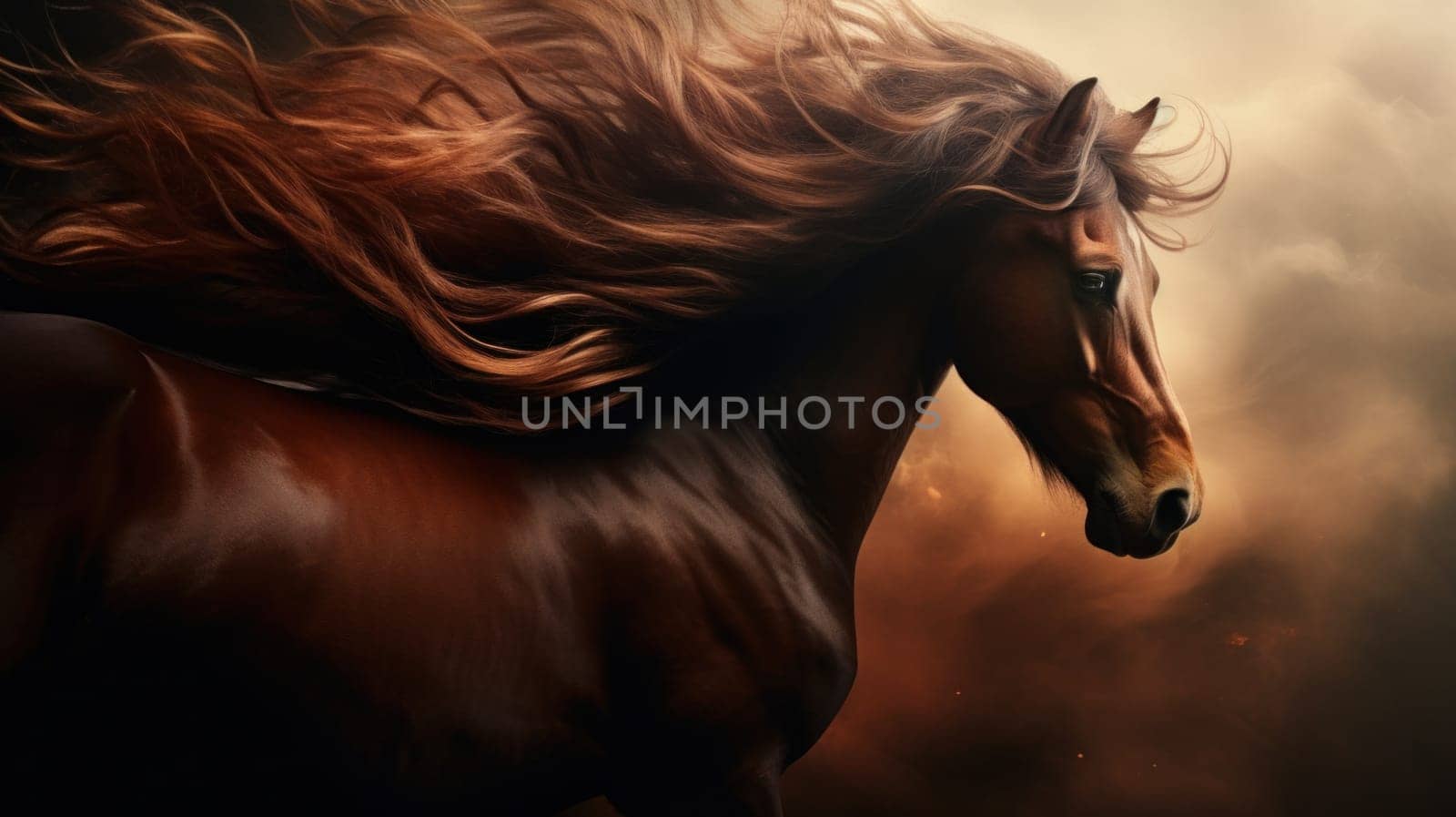 A horse with a flowing mane of hair in the wind, AI by starush